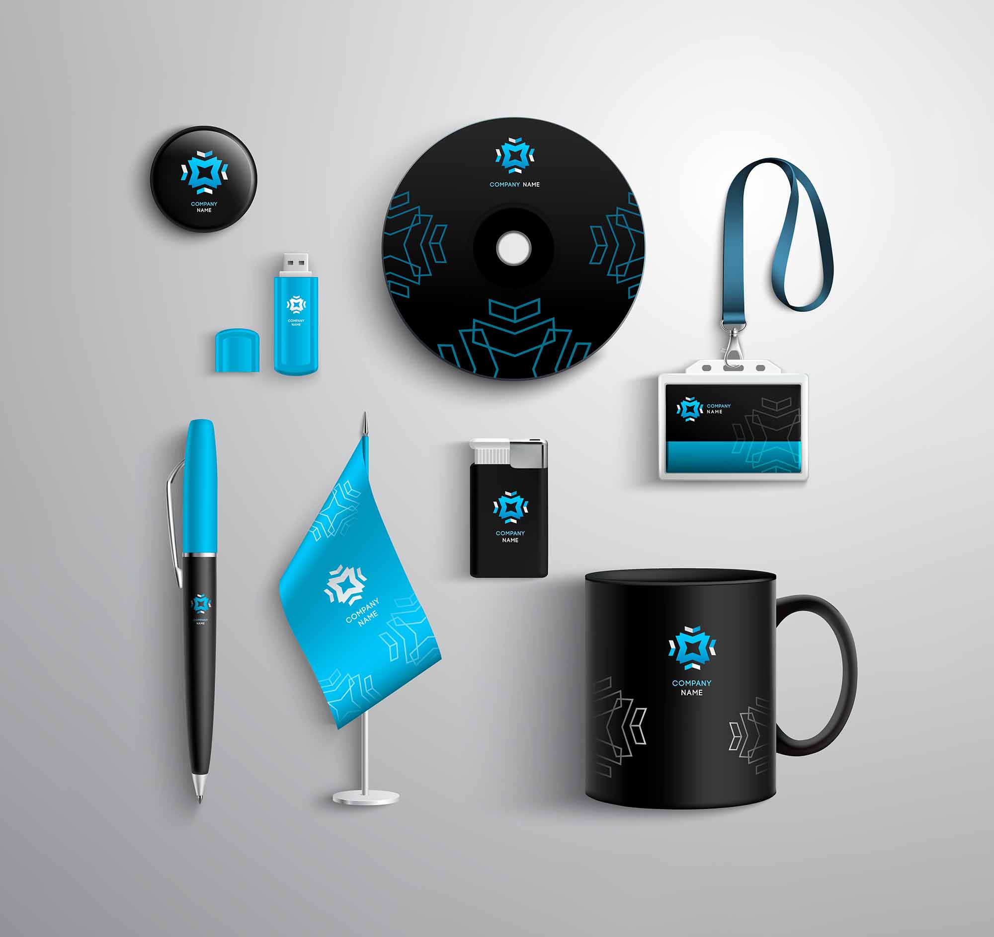Corporate identity blue and black design set with cup pen cd and id card isolated vector illustration